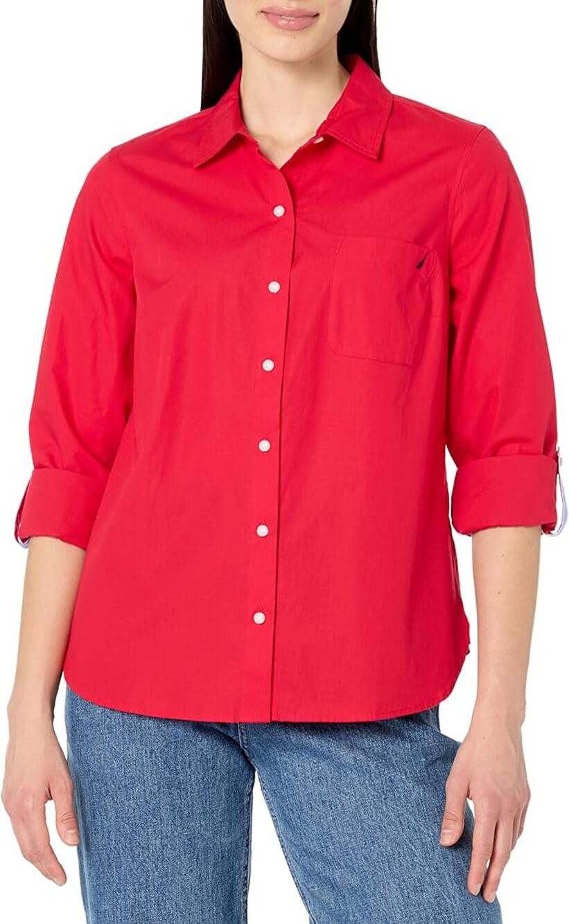 Nautica Women Regatta Red Poplin Cotton Classic Roll-Tab Button Shirt Size XXL